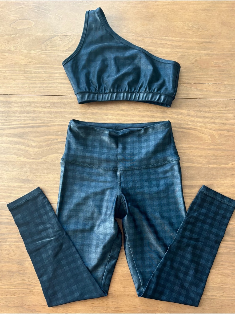 STRUT THIS - One-Shoulder Black Check Tonal Sports Bra & Leggings Set.